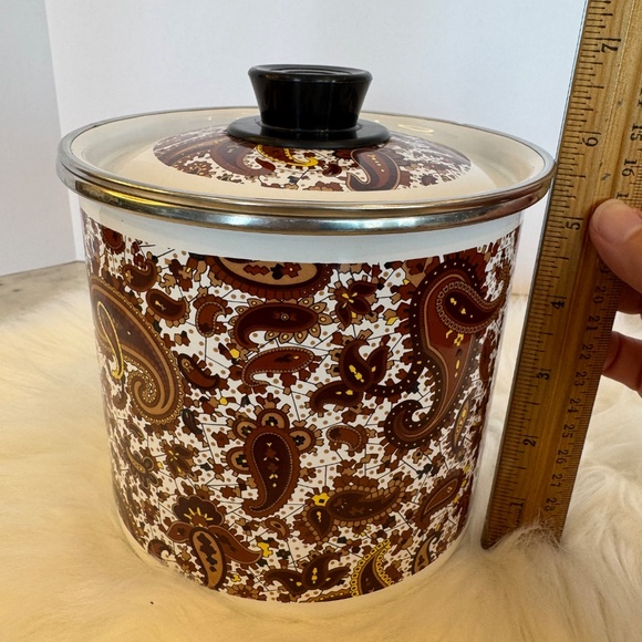 Enamelware Canisters with Lids by Fancipans Brown Paisley Print 70's Vintage EUC - Picture 7 of 11